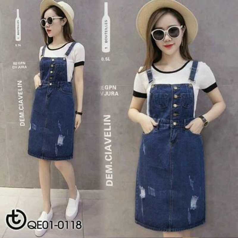 ĐẦM JEAN YẾM 2 DÂY CÀI NÚT TRƯỚC